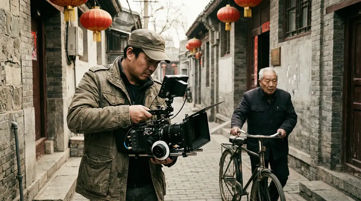纪录片导演在北京胡同中使用专业摄影机拍摄